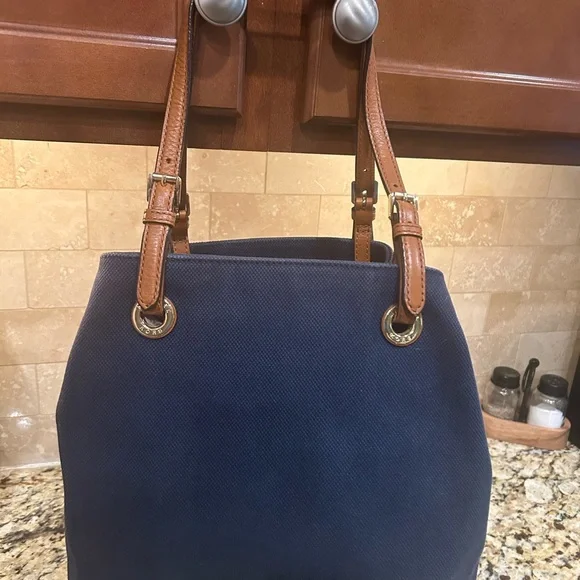 MICHAEL KORS MK JET SET CANVAS LEATHER TOTE PURSE NAVY GRAB HANDBAG - Picture 2 of 10